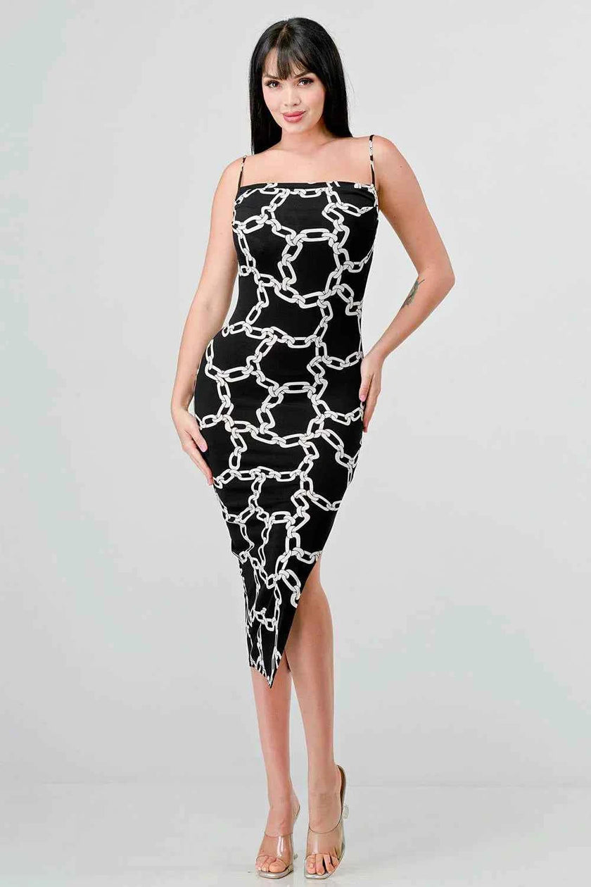 CHIC ALL OVER CHAIN PRINTED SIDE SLIT MIDI DRESS
