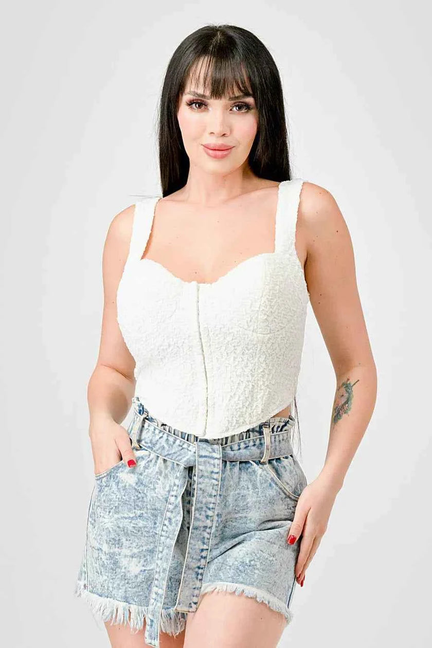 CRINKLE STRETCH KNIT SWEETHEART HOOKED BUSTIER CROPPED TOP