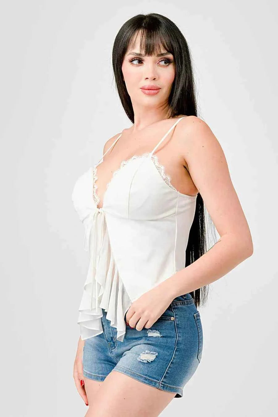 LACE TRIM SWEETHEART DRAWSTRING BOW TIE RUFFLED DRAPED CAMI TOP