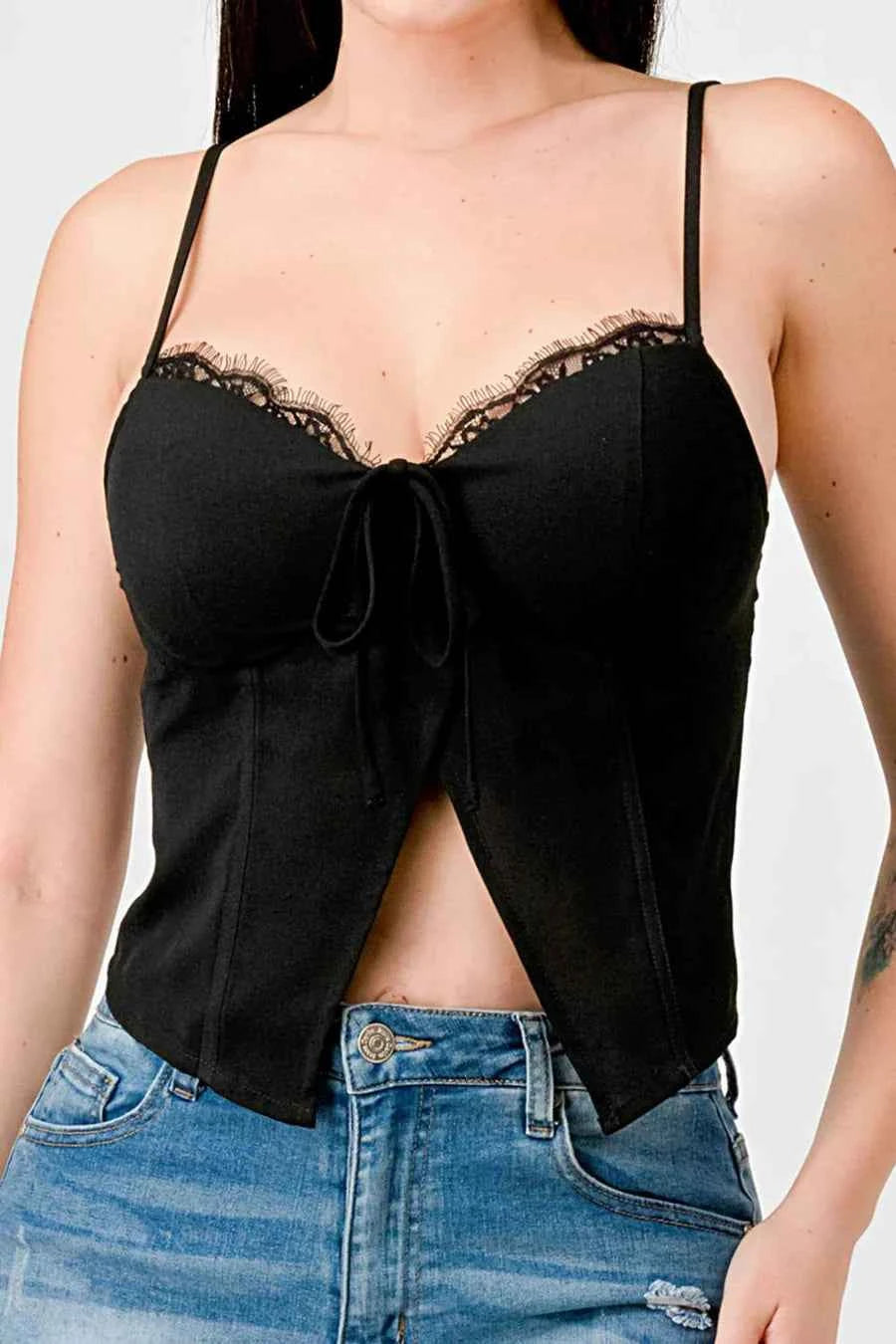 LUXE LACE TRIM SWEETHEART DRAWSTRING BOW ZIPPER CLOSURE BACK CAMI TOP