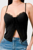 LUXE LACE TRIM SWEETHEART DRAWSTRING BOW ZIPPER CLOSURE BACK CAMI TOP