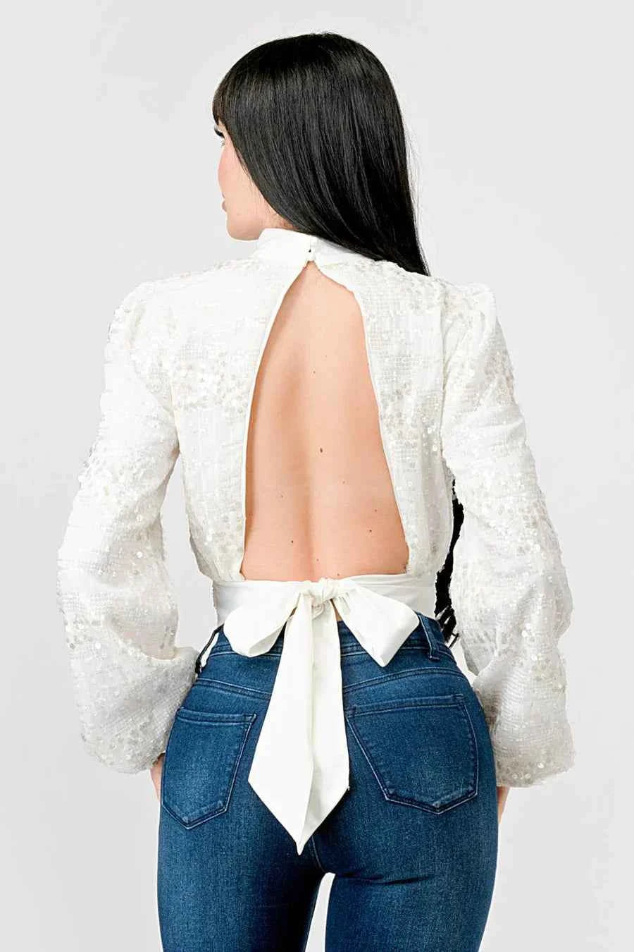 LUXE SEQUINS TEXTURE SATIN OPEN BACK TIE CROPPED TOP