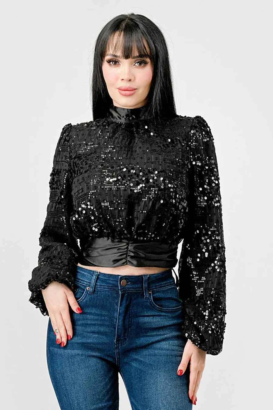 LUXE SEQUINS TEXTURE SATIN OPEN BACK TIE CROPPED TOP