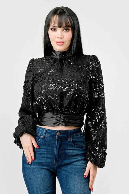 LUXE SEQUINS TEXTURE SATIN OPEN BACK TIE CROPPED TOP