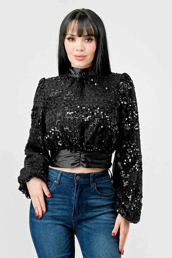 LUXE SEQUINS TEXTURE SATIN OPEN BACK TIE CROPPED TOP