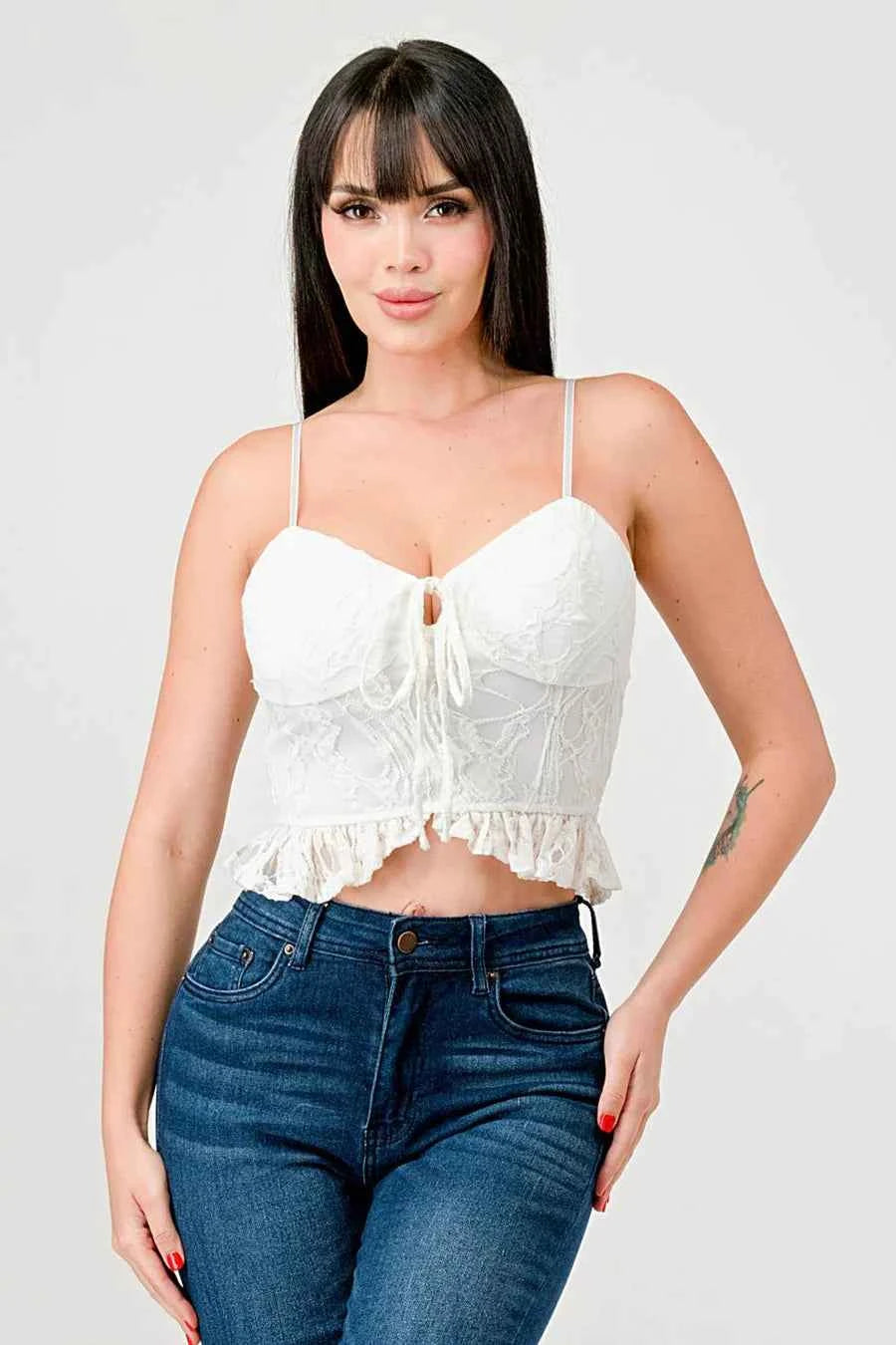 SUPER STRETCH COTTON LACE SWEETHEART DRAWSTRING RUFFLED CROPPED CAMI TOP