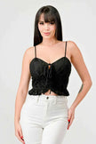 SUPER STRETCH COTTON LACE SWEETHEART DRAWSTRING RUFFLED CROPPED CAMI TOP