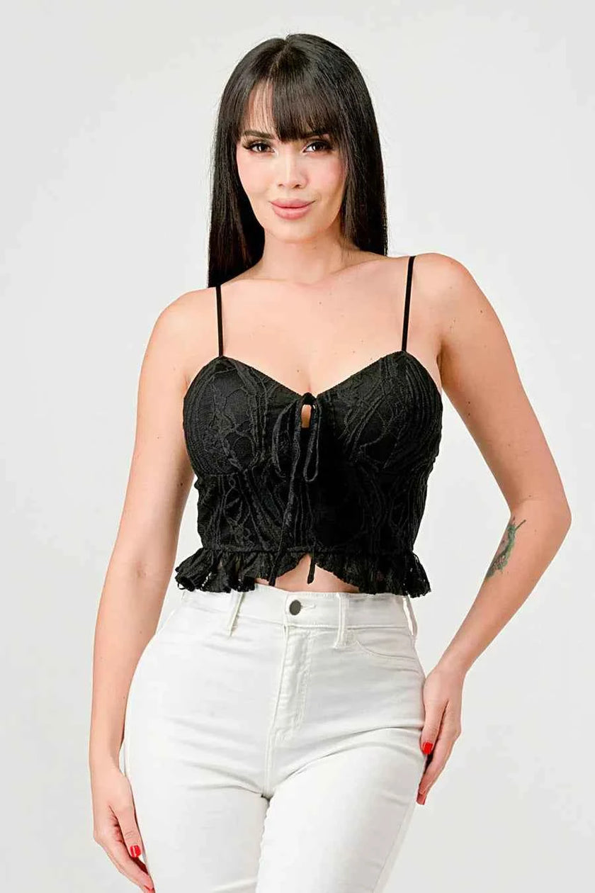 SUPER STRETCH COTTON LACE SWEETHEART DRAWSTRING RUFFLED CROPPED CAMI TOP