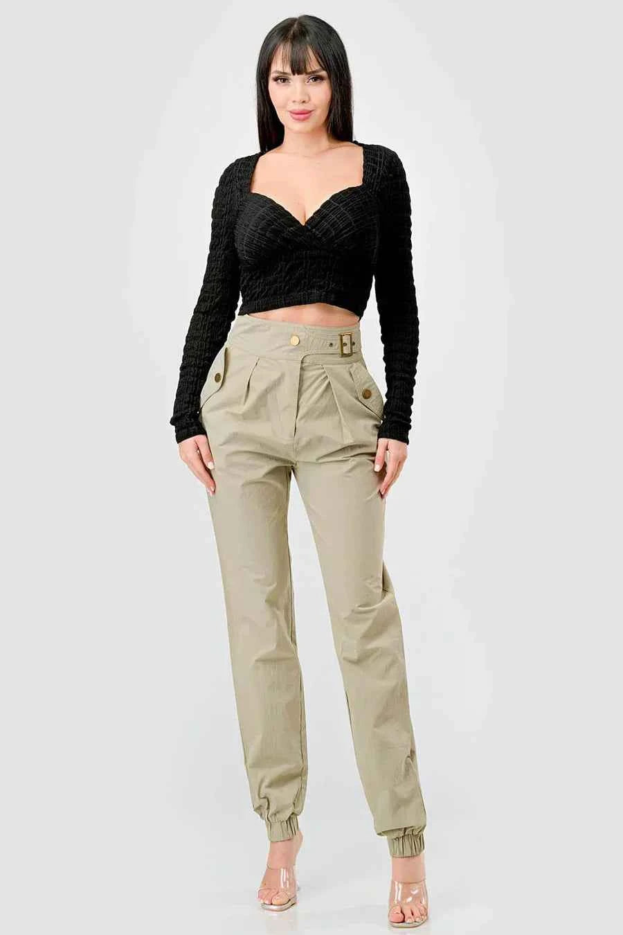 TEXTURED SWEETHEART LONG SLEEVES CROPPED TOP