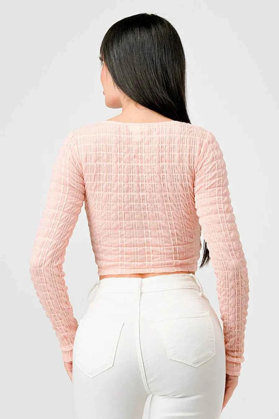 TEXTURED SWEETHEART LONG SLEEVES CROPPED TOP
