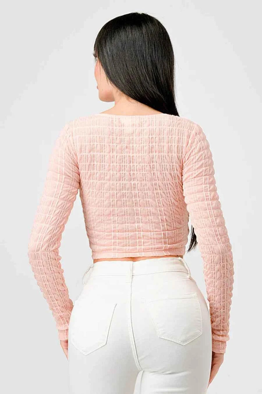 TEXTURED SWEETHEART LONG SLEEVES CROPPED TOP