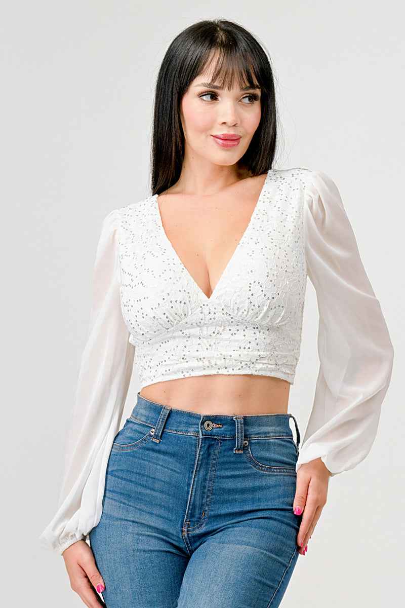 Luxe Lace Sequin Crop Top with Sheer Long Sleeves – Black or White