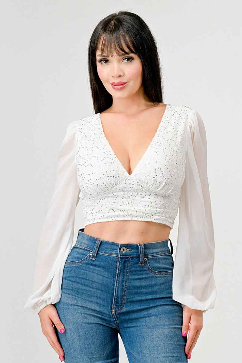 Luxe Lace Sequin Crop Top with Sheer Long Sleeves – Black or White