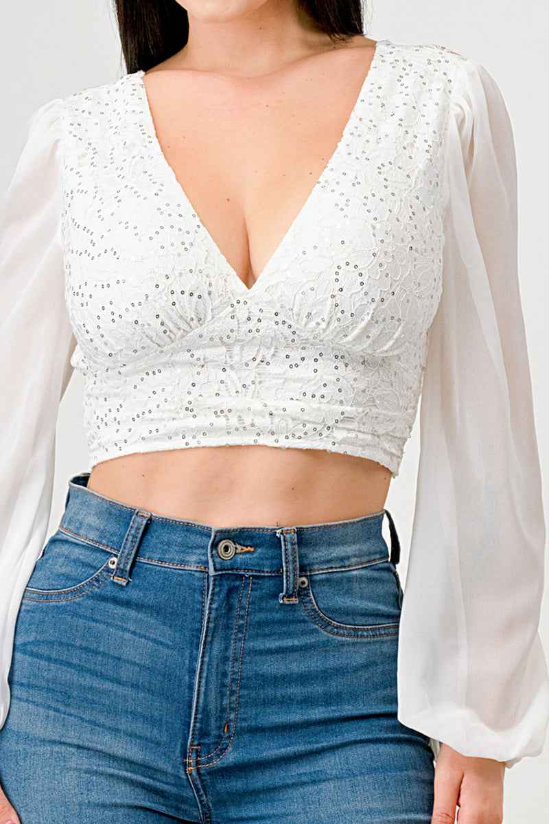 Luxe Lace Sequin Crop Top with Sheer Long Sleeves – Black or White