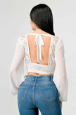 Luxe Lace Sequin Crop Top with Sheer Long Sleeves – Black or White