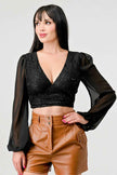 Luxe Lace Sequin Crop Top with Sheer Long Sleeves – Black or White