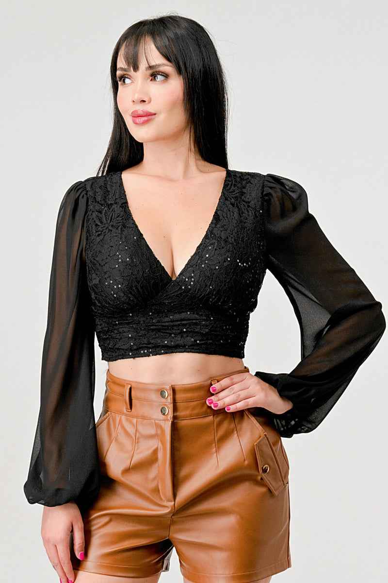 Luxe Lace Sequin Crop Top with Sheer Long Sleeves – Black or White