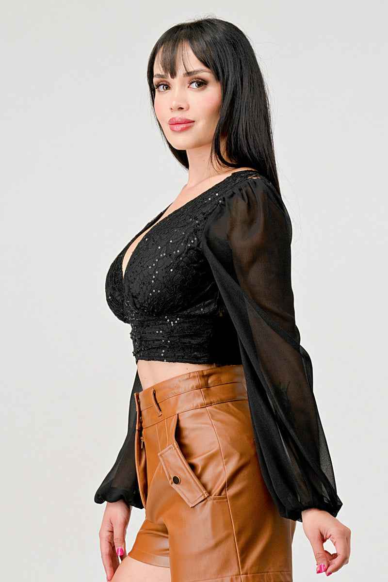 Luxe Lace Sequin Crop Top with Sheer Long Sleeves – Black or White