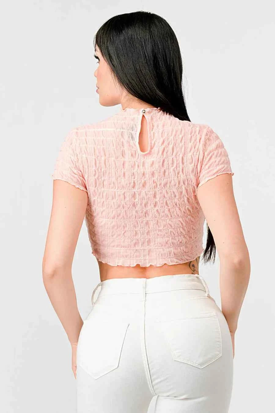 TEXTURED RUFFLED HEM KEYHOLE BACK ASYMMETRICAL CROPPED TOP
