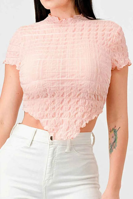TEXTURED RUFFLED HEM KEYHOLE BACK ASYMMETRICAL CROPPED TOP
