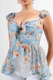 FLORAL KNOT TIE SWEETHEART FLUTTER RUFFLED TOP