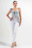 FLORAL KNOT TIE SWEETHEART FLUTTER RUFFLED TOP