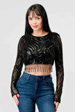 LUXE WAVE SEQUINS LONG SLEEVES STONE FRINGE DETAIL CROPPED TOP