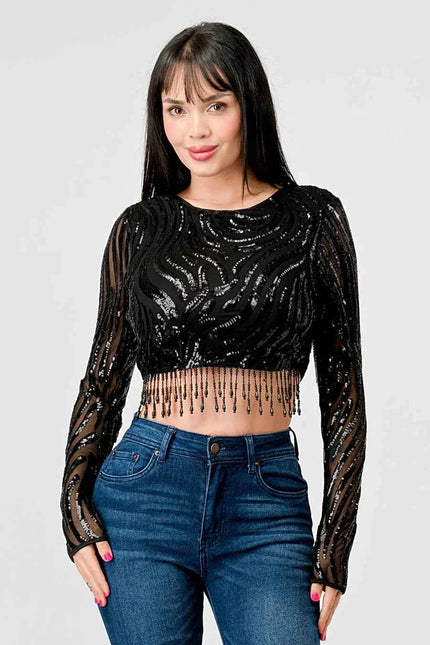 LUXE WAVE SEQUINS LONG SLEEVES STONE FRINGE DETAIL CROPPED TOP