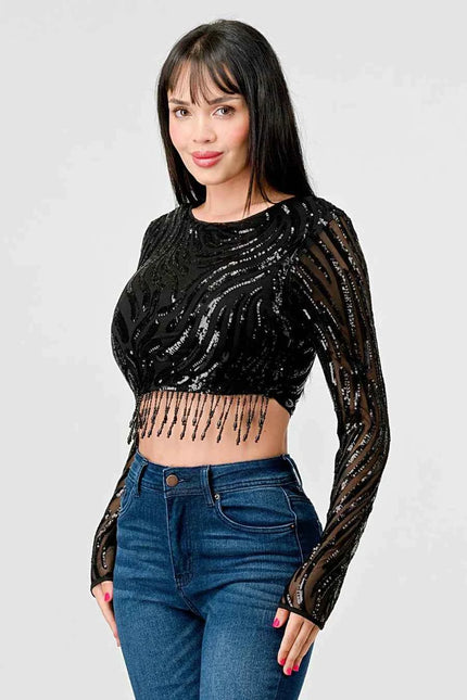LUXE WAVE SEQUINS LONG SLEEVES STONE FRINGE DETAIL CROPPED TOP