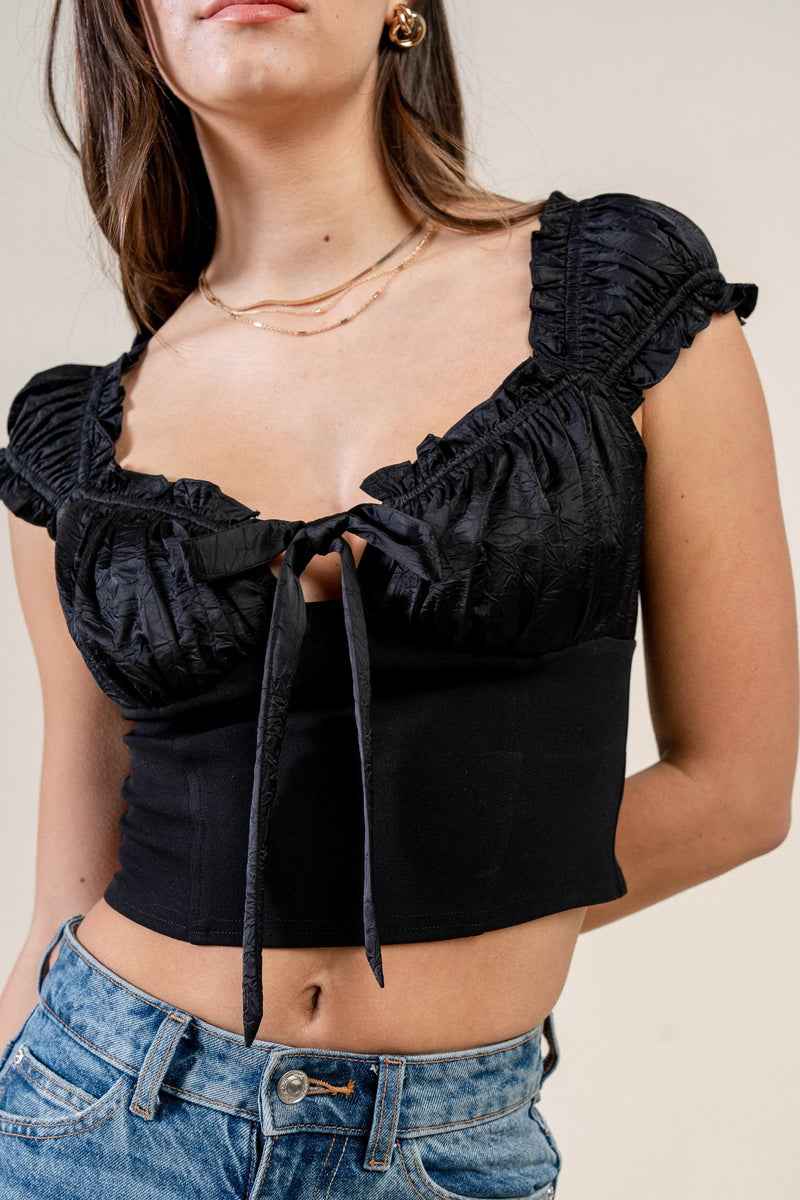 Satin Tie-Front Ruffle Bustier Crop Top