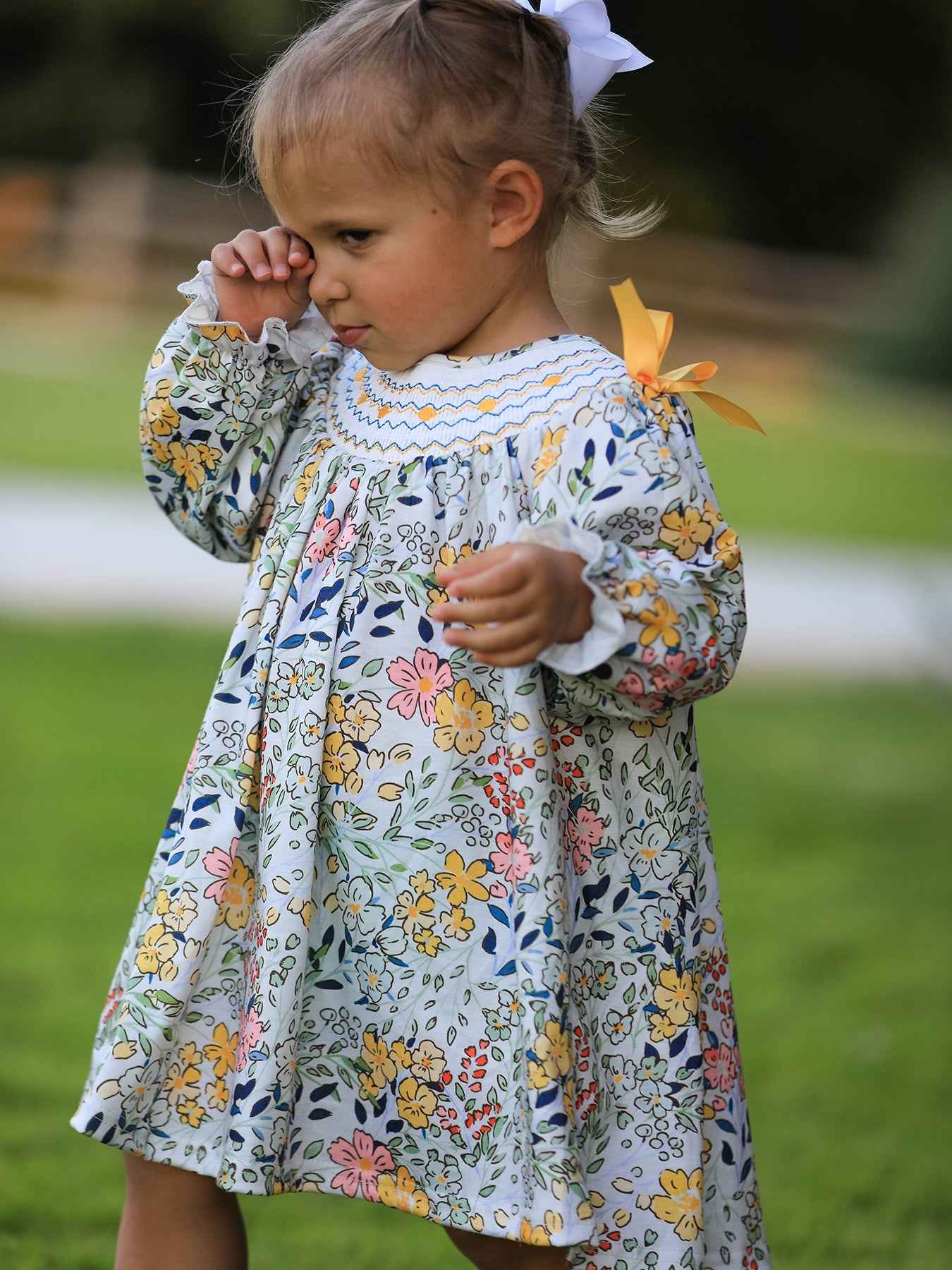 Fall  Embroidery Smocking Bow Floral Leaf Baby Girls Dress