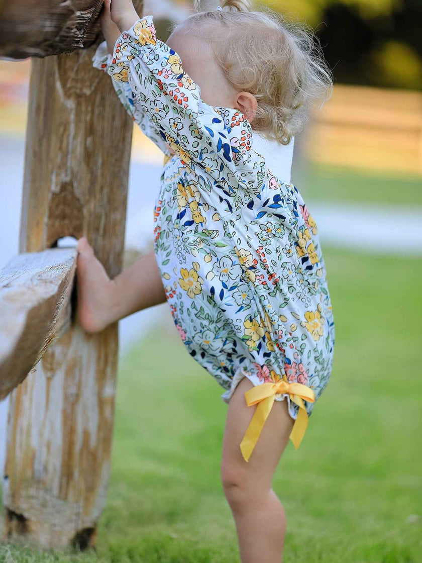 Fall  Embroidery Smocking Bow Floral Leaf Baby Girls Romper