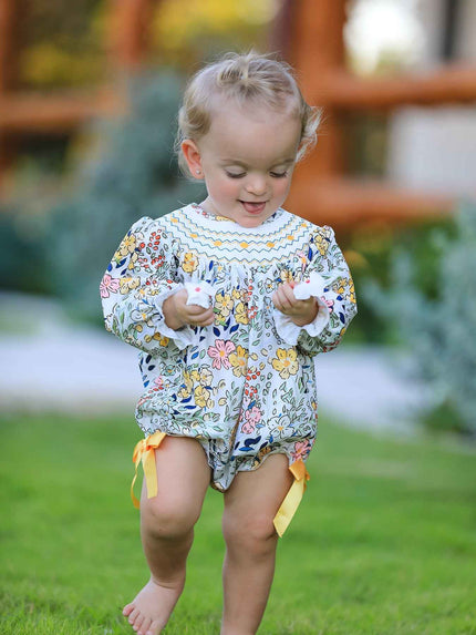 Fall  Embroidery Smocking Bow Floral Leaf Baby Girls Romper