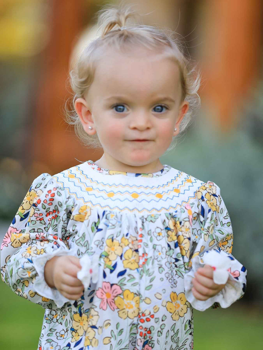 Fall  Embroidery Smocking Bow Floral Leaf Baby Girls Romper