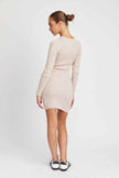 Back view of an Emory Park ribbed long sleeve mini dress in beige, featuring a fitted silhouette
