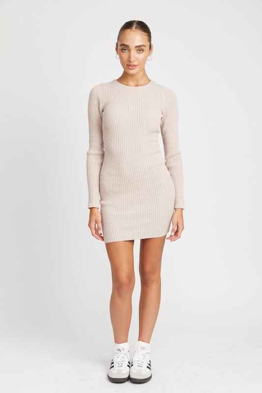 Emory Park ribbed long sleeve mini dress in light beige, perfect for casual outings or layering.