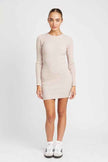 Emory Park ribbed long sleeve mini dress in light beige, perfect for casual outings or layering.