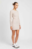 Emory Park ribbed long sleeve mini dress in soft beige with a fitted silhouette and crew neckline
