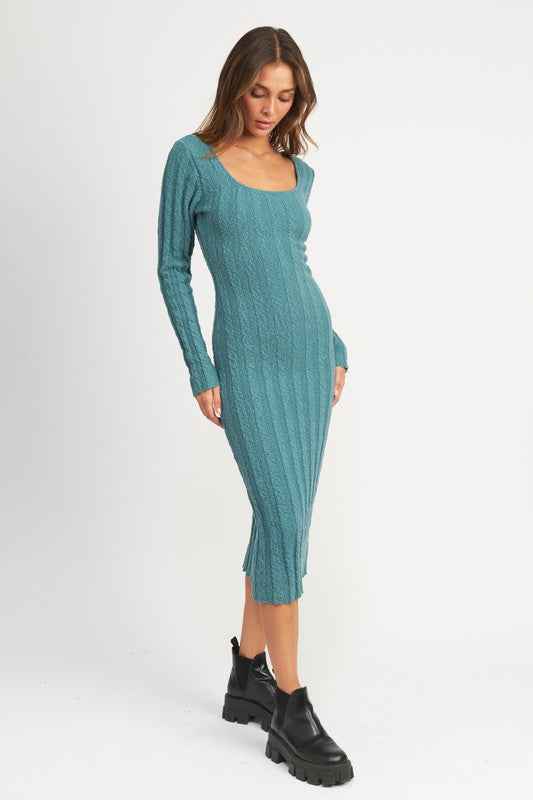 Emory Park ribbed midi dress for women in teal with long sleeves and a fitted silhouette