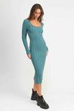 Emory Park ribbed midi dress for women in teal with long sleeves and a fitted silhouette