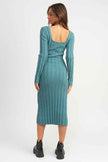 Back view of Emory Park ribbed midi dress for women in teal with long sleeves and a fitted design