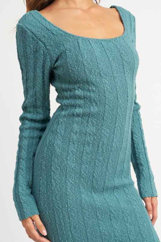 Emory Park Ribbed Midi Dress for Women in Teal with Long Sleeves and Scoop Neck Design