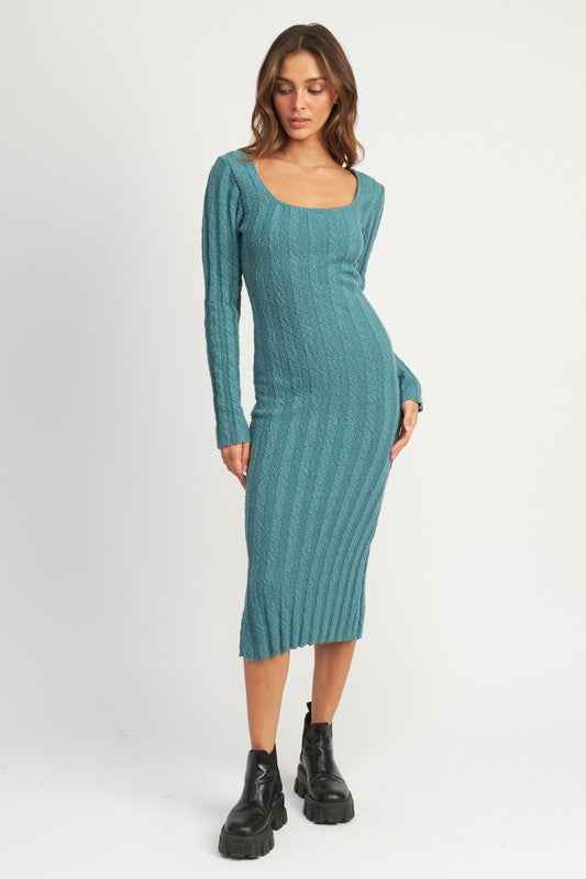 Emory Park teal ribbed midi dress for women featuring a scoop neckline and long sleeves