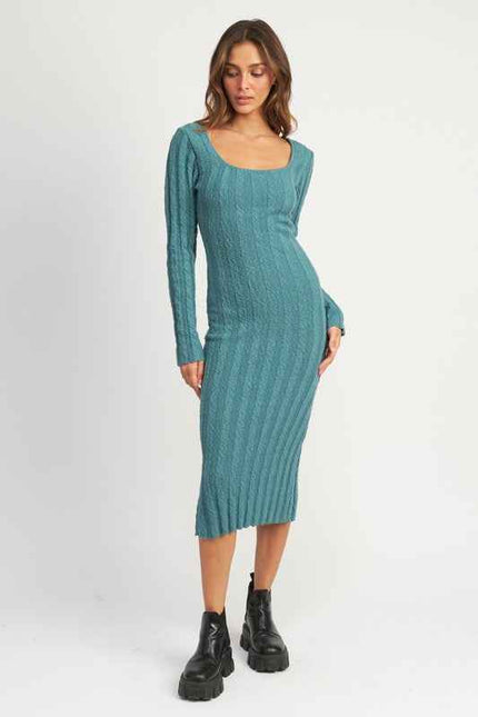 Emory Park teal ribbed midi dress for women featuring a scoop neckline and long sleeves