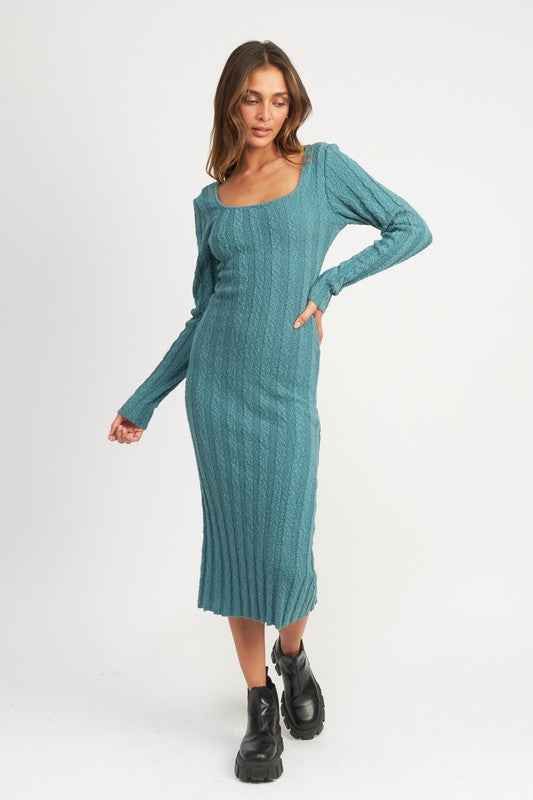 Emory Park ribbed midi dress for women in teal with long sleeves and a fitted silhouette