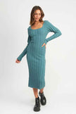 Emory Park ribbed midi dress for women in teal with long sleeves and a fitted silhouette