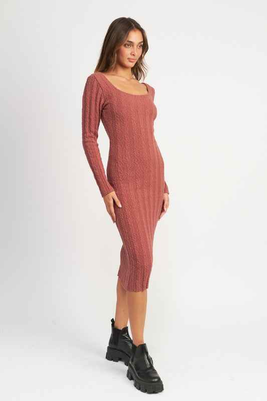 Emory Park ribbed midi dress for women in dusty rose with long sleeves and fitted silhouette