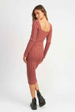 Back view of Emory Park ribbed midi dress for women in dusty rose color, featuring long sleeves and a fitted design