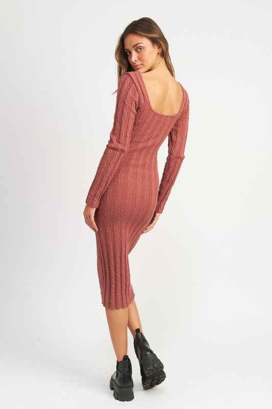 Back view of Emory Park ribbed midi dress for women in dusty rose color, featuring long sleeves and a fitted design