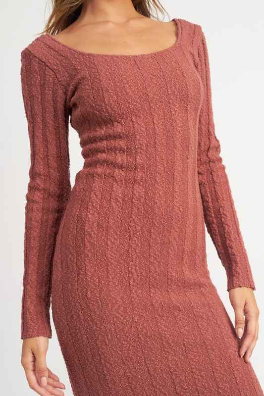 Emory Park ribbed midi dress for women in burnt orange with long sleeves and a fitted silhouette